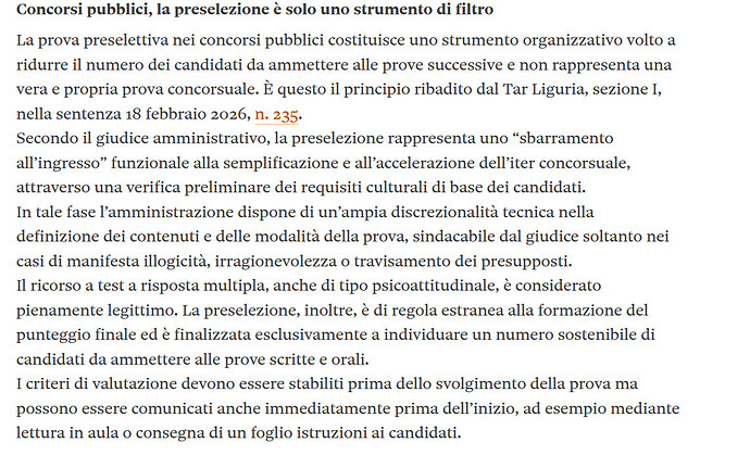 preselettiva nei concorsi tar liguria 235-2026
